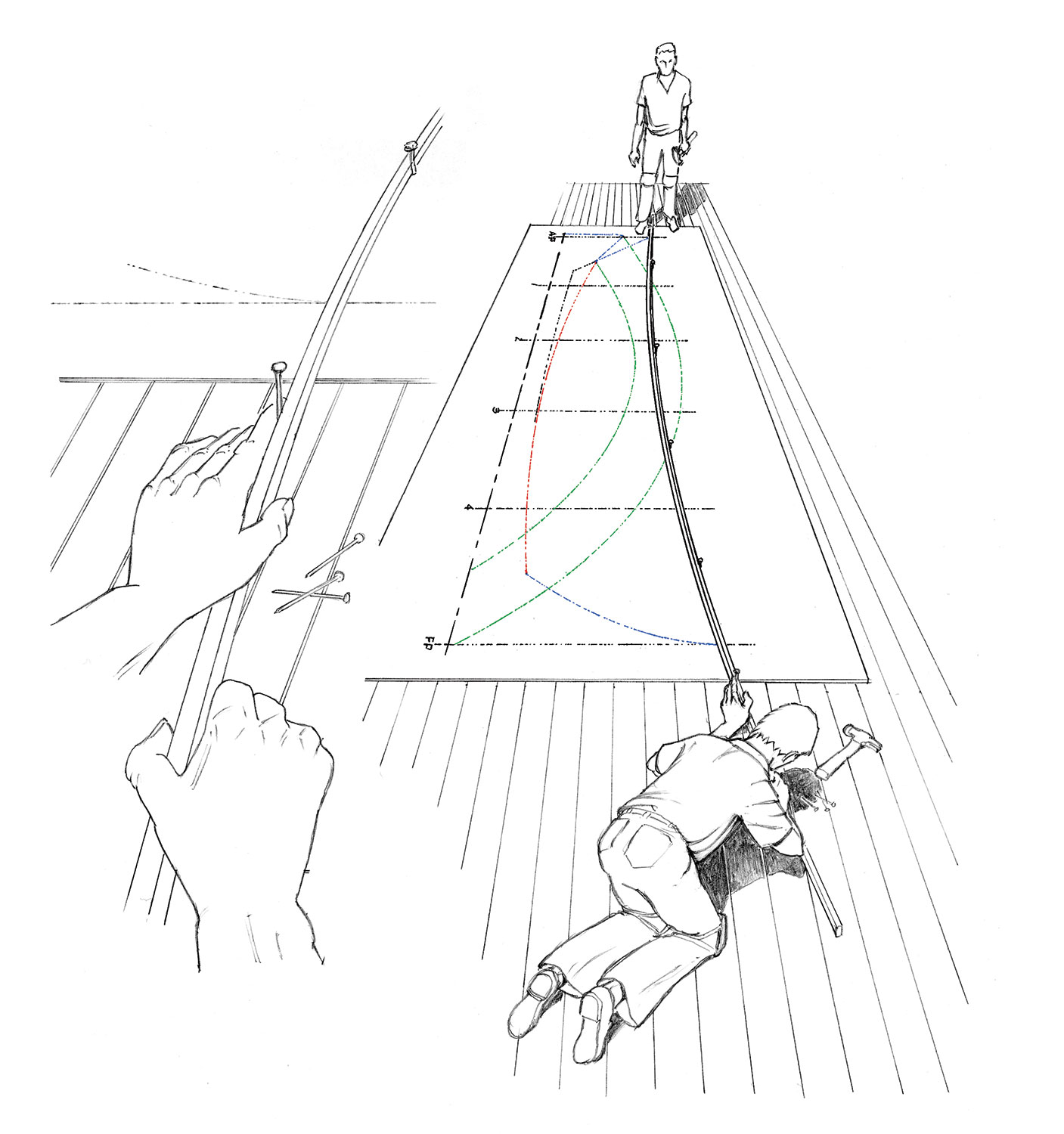 Black and white illustration of two men lofting for a boat project.