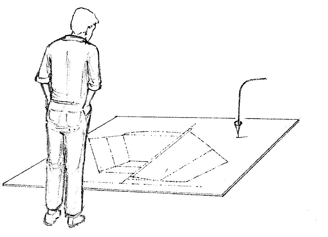 Drawing of a man reviewing a lofted body plan developed on scrive board.