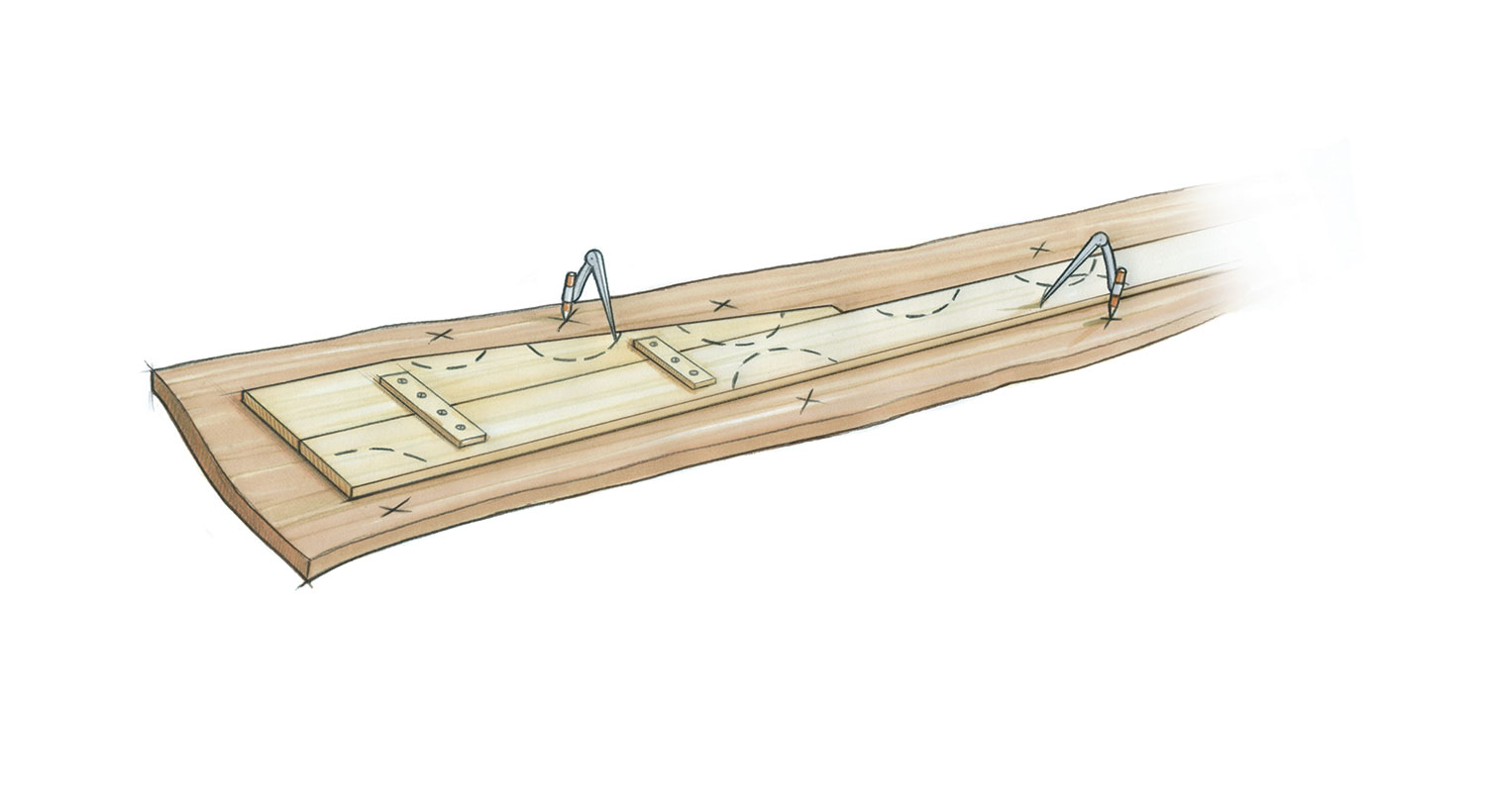 Illustration showing compasses used to mark points on planking stock.