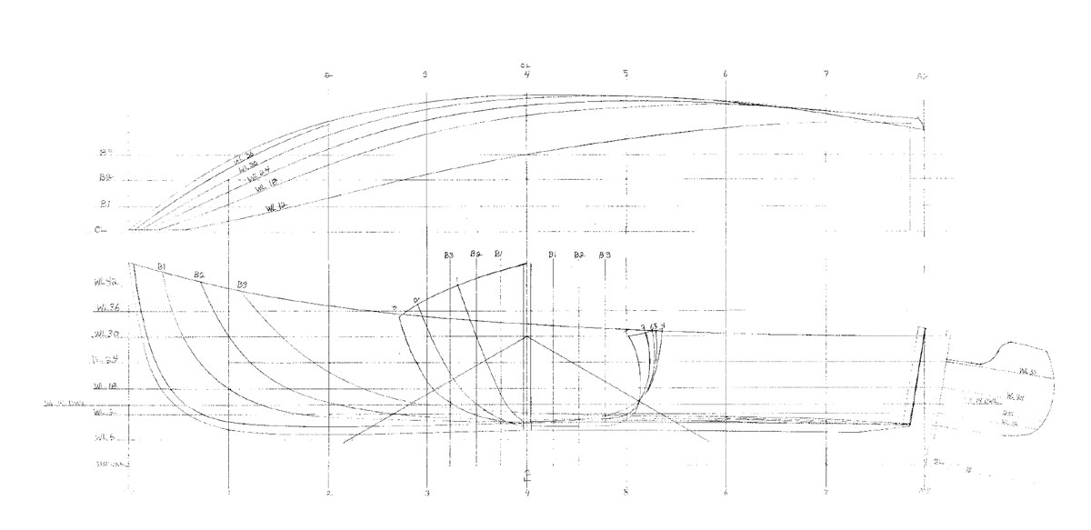 Profile line drawing for Jericho Bay Lobster Skiff.