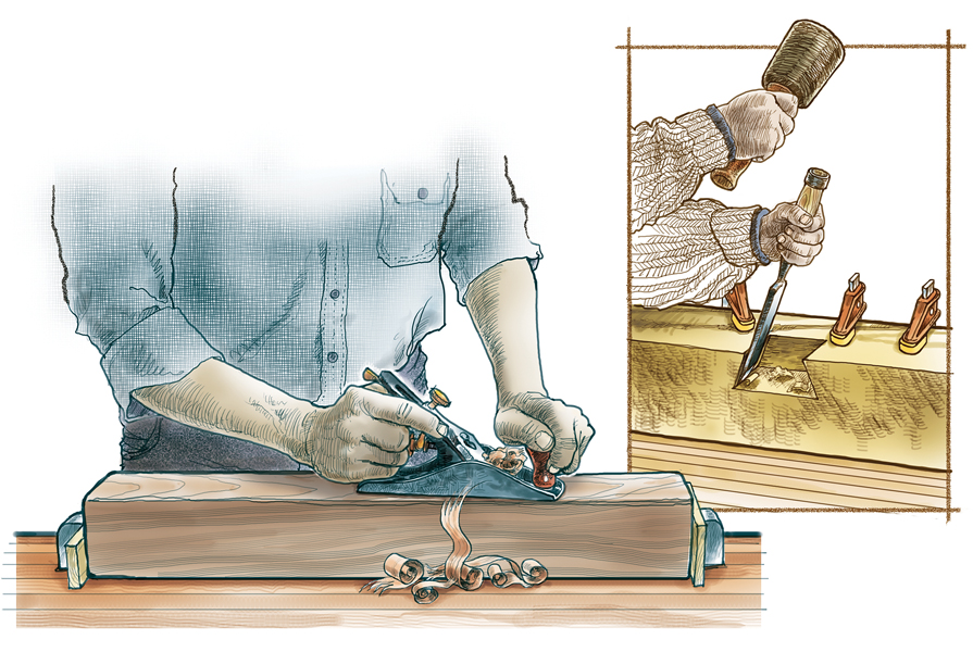 Illustration of hands working with wood.