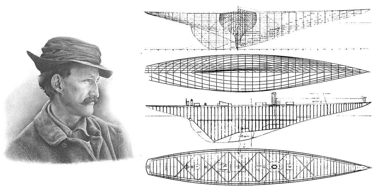 Drawing of William Starling Burgess next to his sketches.