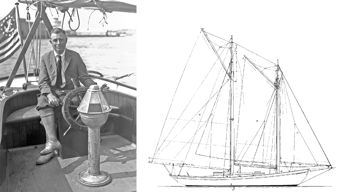 Black and white photograph of John G. Alden next to a drawing of one of his boats.