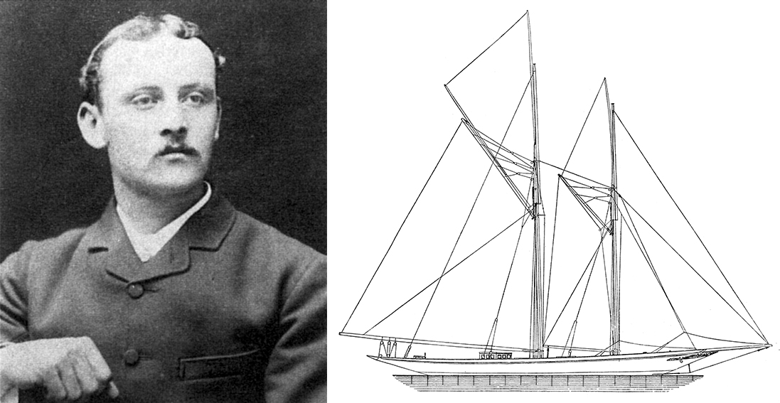 Black and white photograph of William Fife III next to a drawing of the CICELY sailboat.