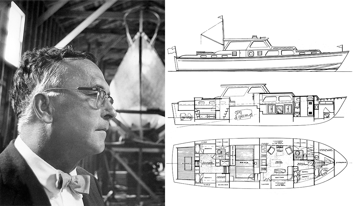 Black and white photo of yacht designer Charles Raymond Hunt next to drawings of the STING RAY V.