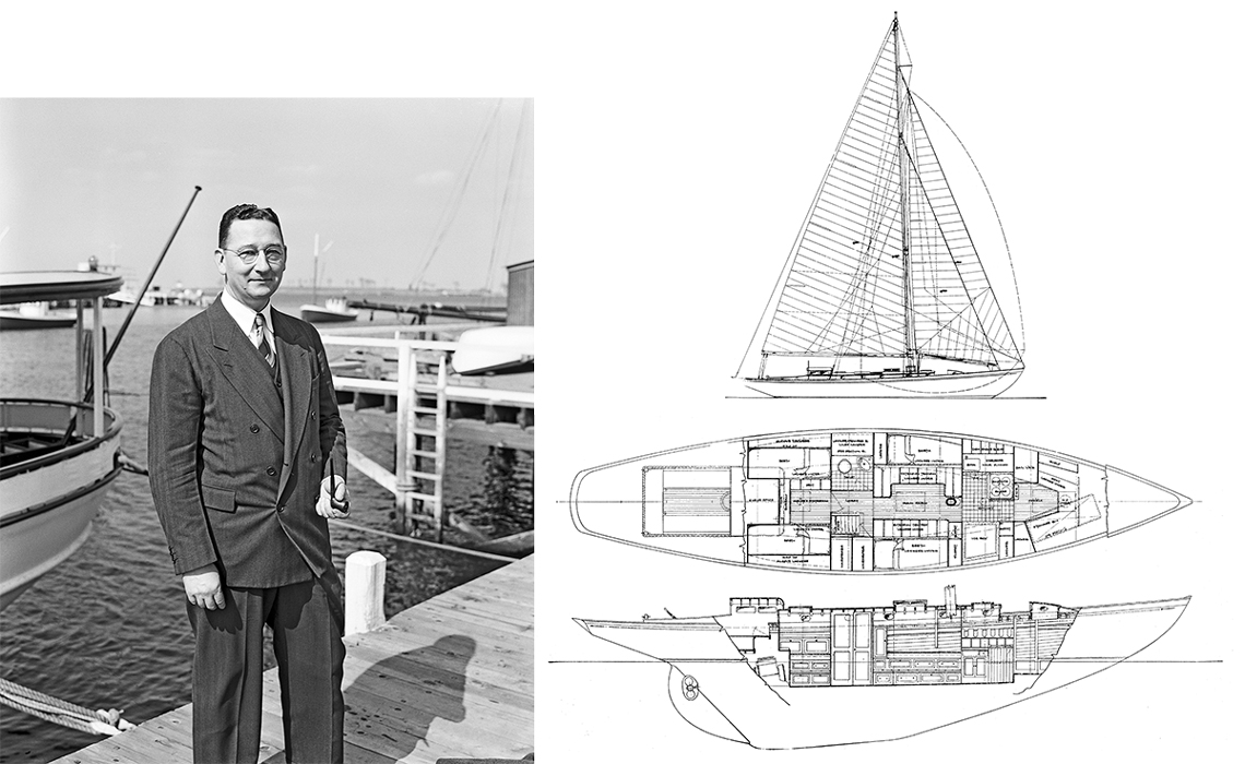 Black and white photo of yacht designer Phillip Leonard Rhodes next to KIRAWAN drawing.