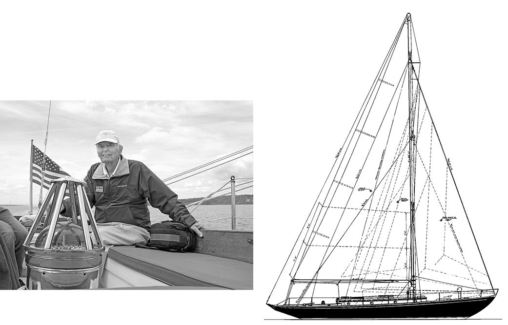 Black and white photo of Olin Stephens aboard a boat next to a drawing of a sailboat.