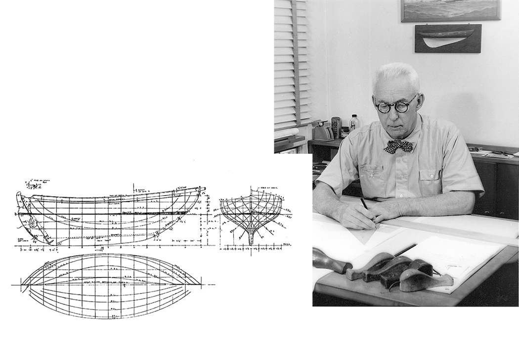 Black and white photograph of William Atkin and a drawing of one of his boats.