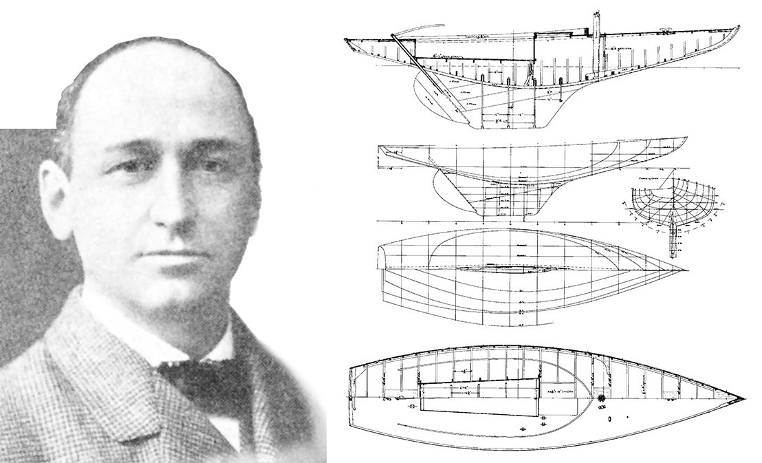 Black and white photo of Bowdoin Bradlee Crowninshield and line drawings of one of his daysailers.