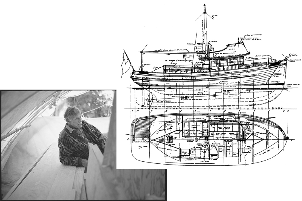 Black and white photo of William Garden next to one of his design drawings.