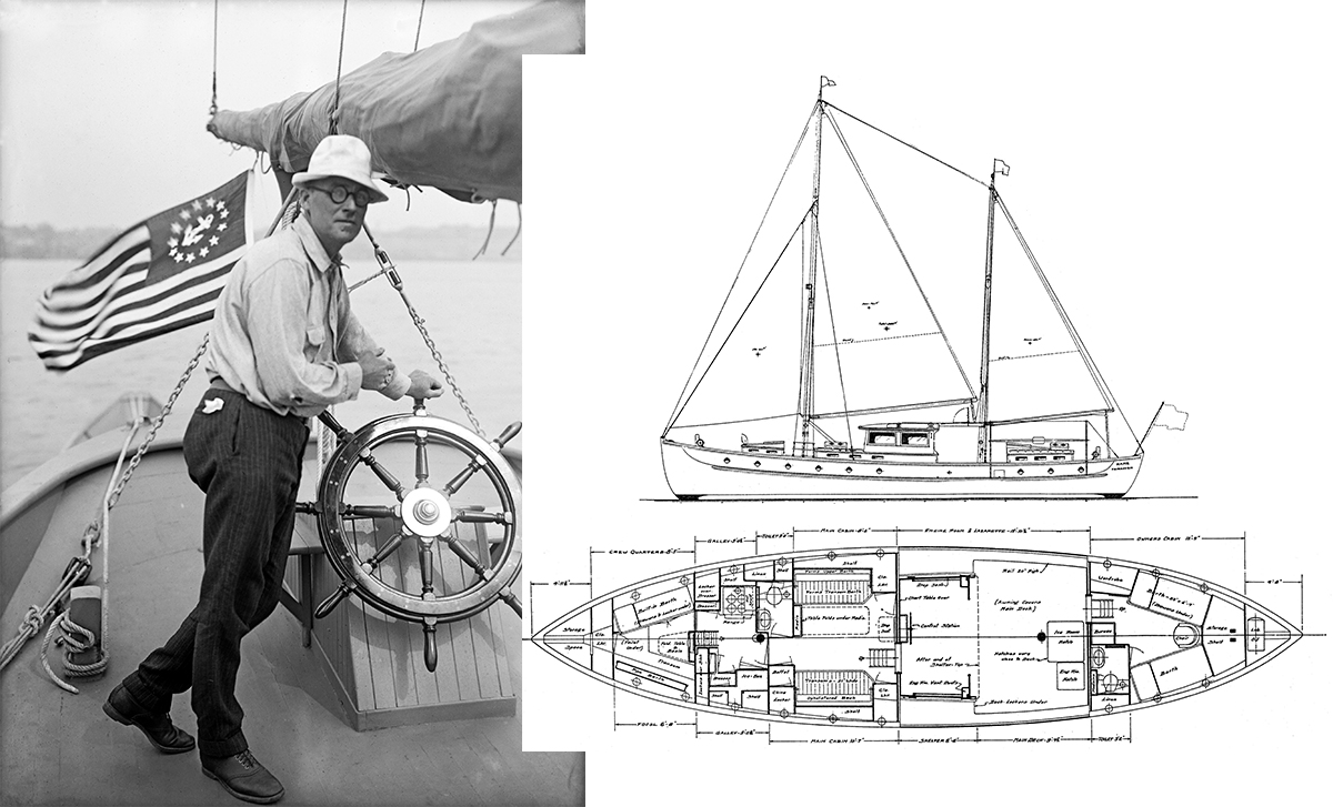 Black and white photograph of William Hand next to a drawing of one of his double-enders.