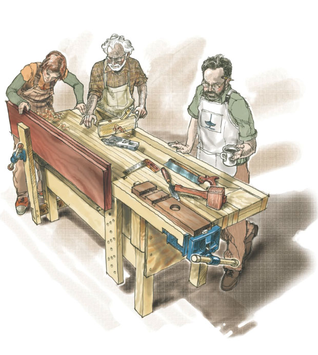 Illustration of three boatbuilders working around a workbench.