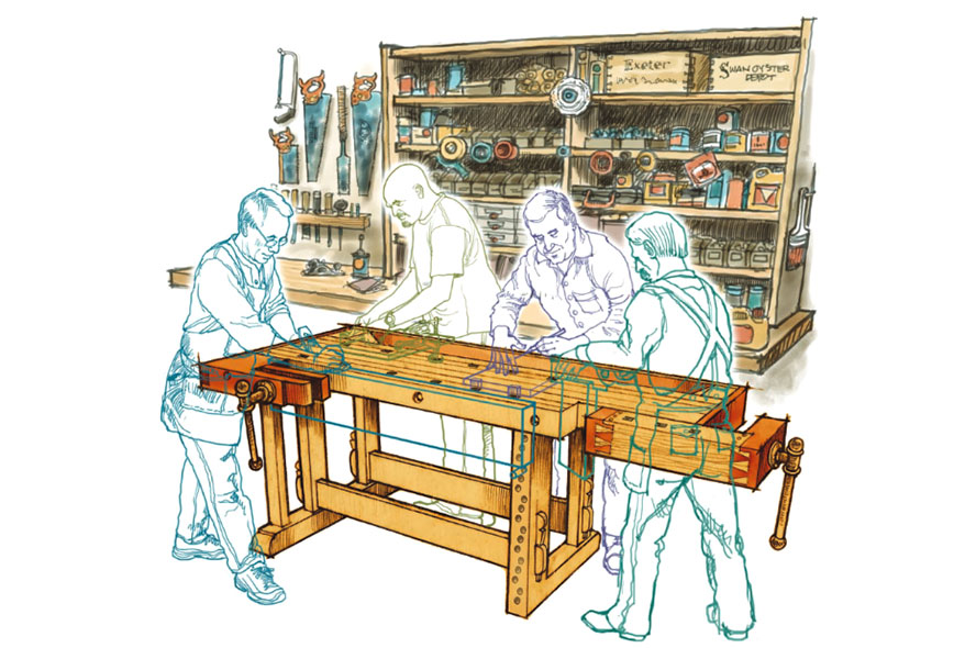 Illustration of four men around a workbench in a shop.