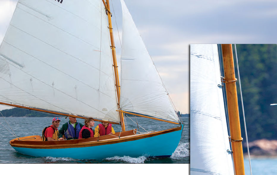 Group of four sailors in a sailboat with an inset focused on mast hoops.