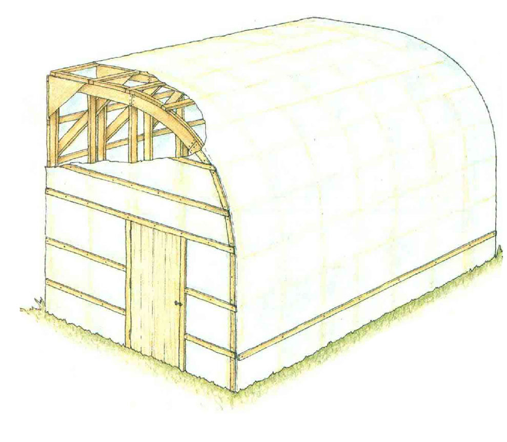Lobster pot boathouse illustration with portion of roof missing to show construction.