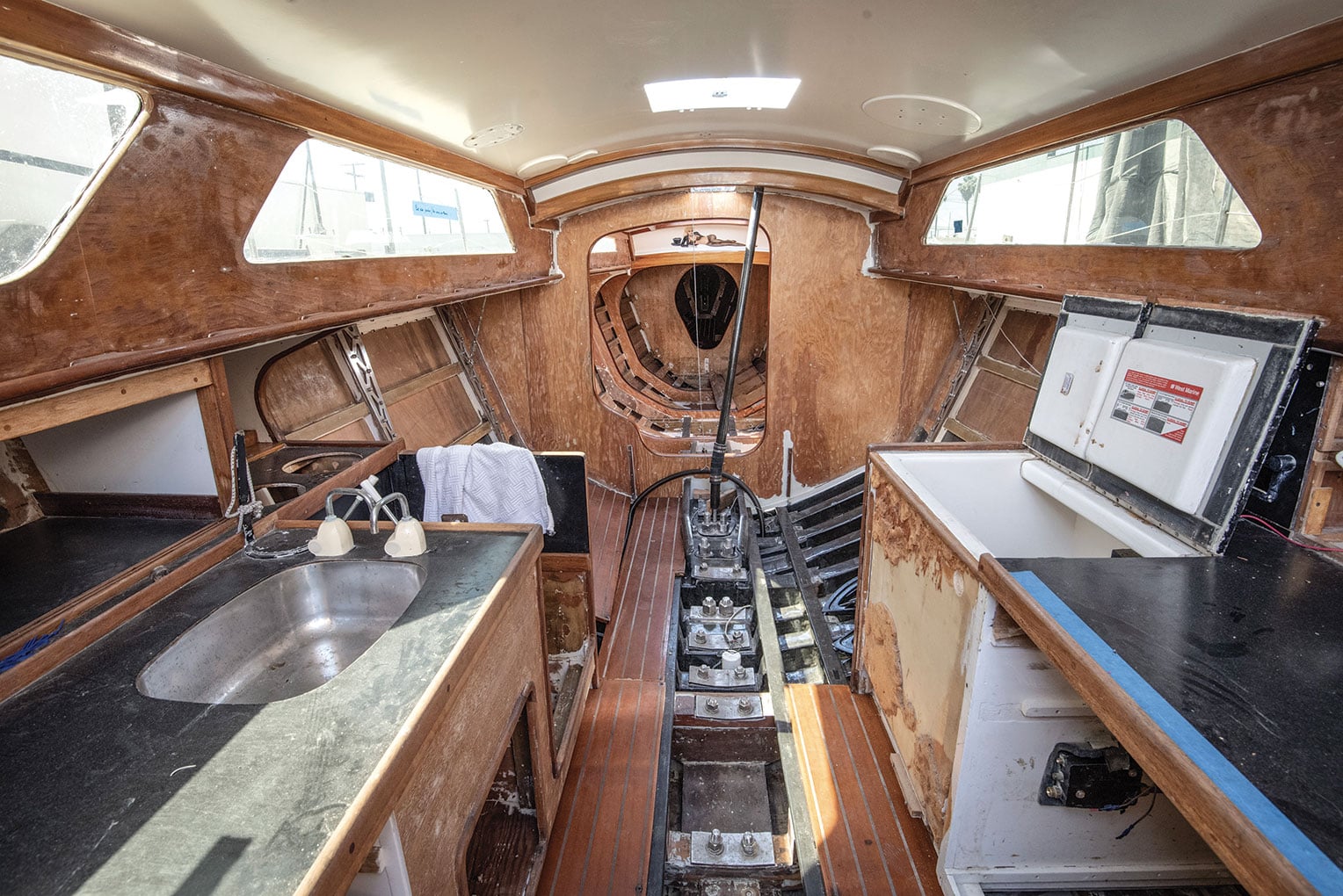 Interior layout of a wooden yacht.