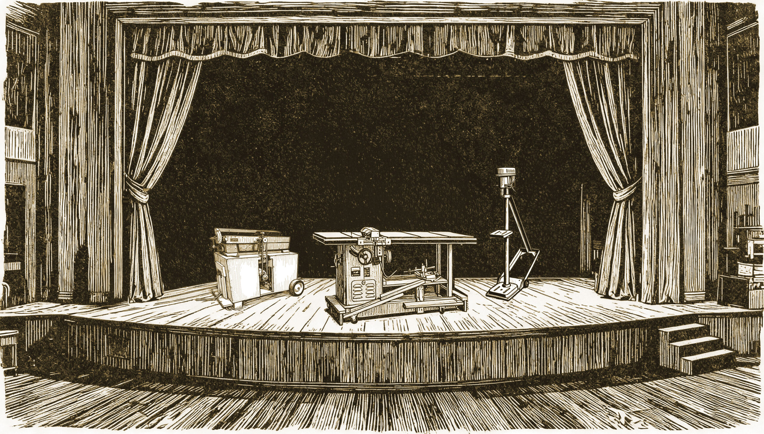 Three power tools on a stage set. 