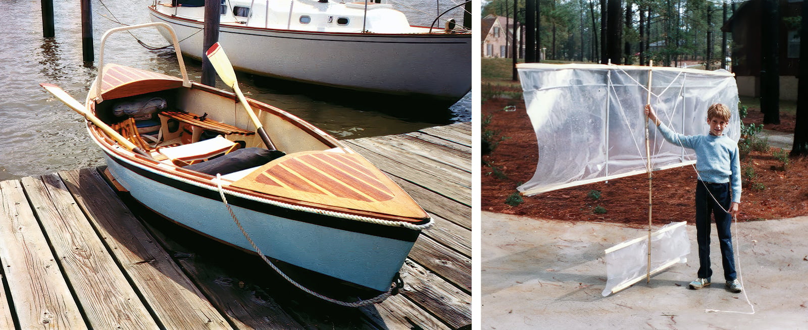 A rowing shell that Harris designed and built (left), and a tethered glider he developed at age 10.