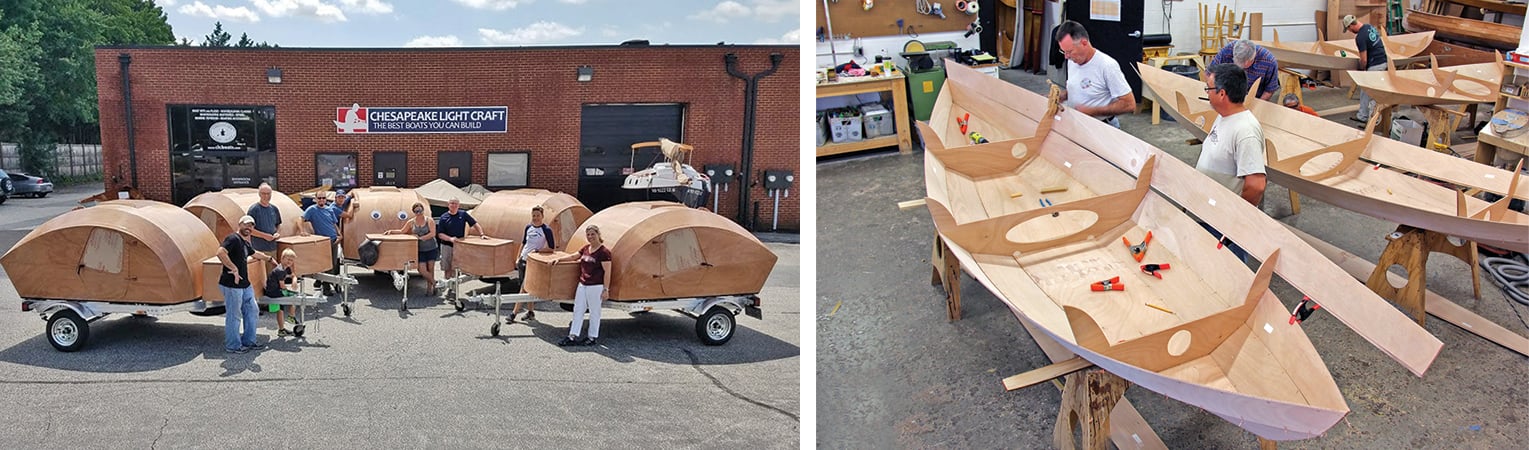 Teardrop Camper (left) and the 15′7″ Skerry Skiff (right).