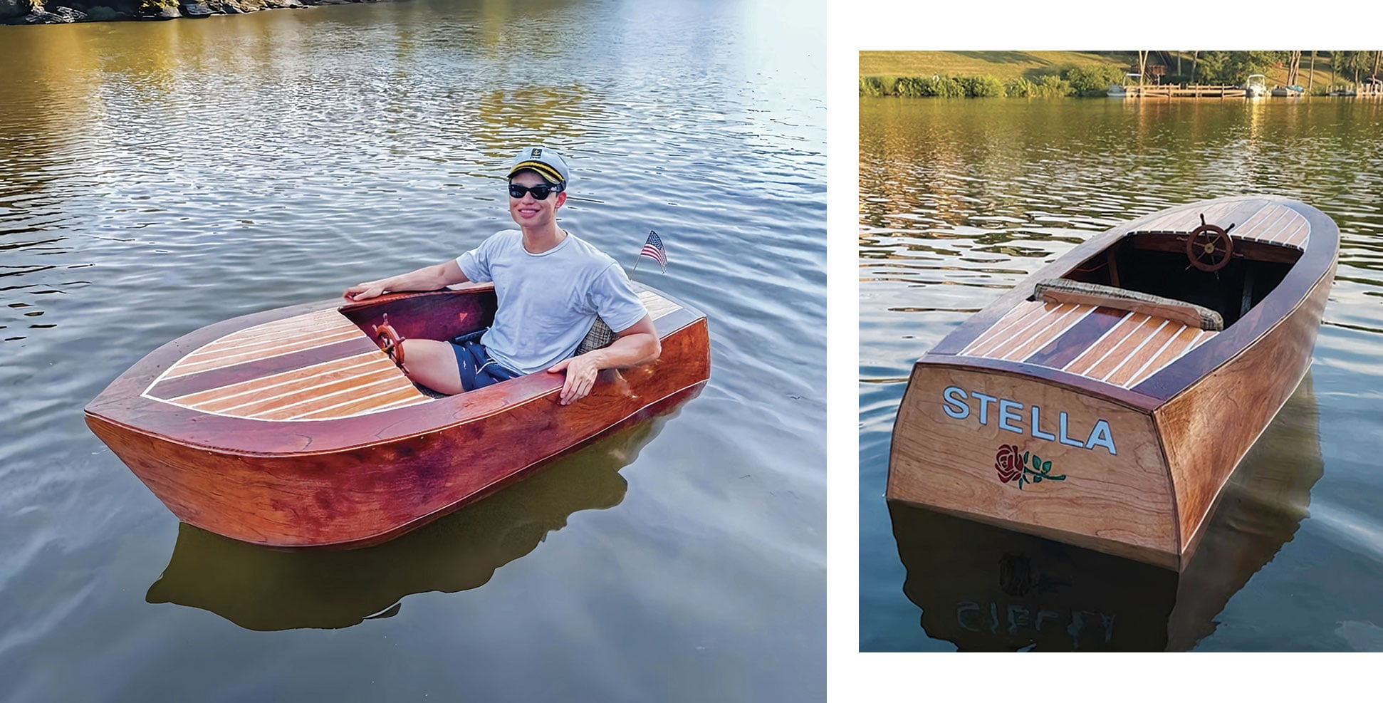 Two photos of a small varnished runabout sitting gently in the water, one photo has a young man sitting in the boat, smiling.