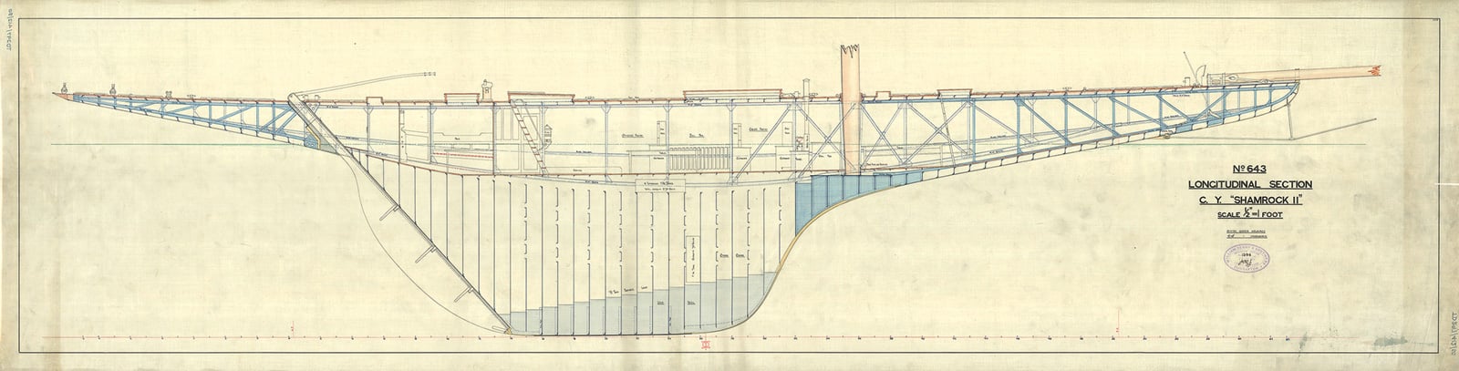 This is a longitudinal section of the AMERICA’s Cup challenger SHAMROCK II.