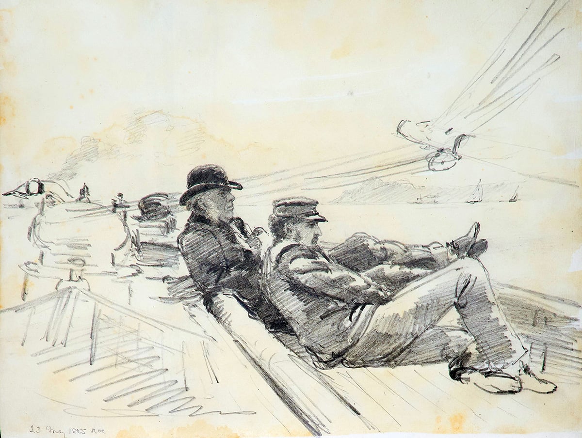 This drawing is one of many charming and evocative scenes sketched by Robert Cree Crawford in BLOODHOUND’s logbooks.
