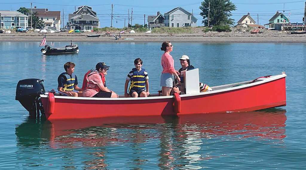 An 18′ Bolger Clam Skiff built by seven Hull (Massachusetts) High School students.