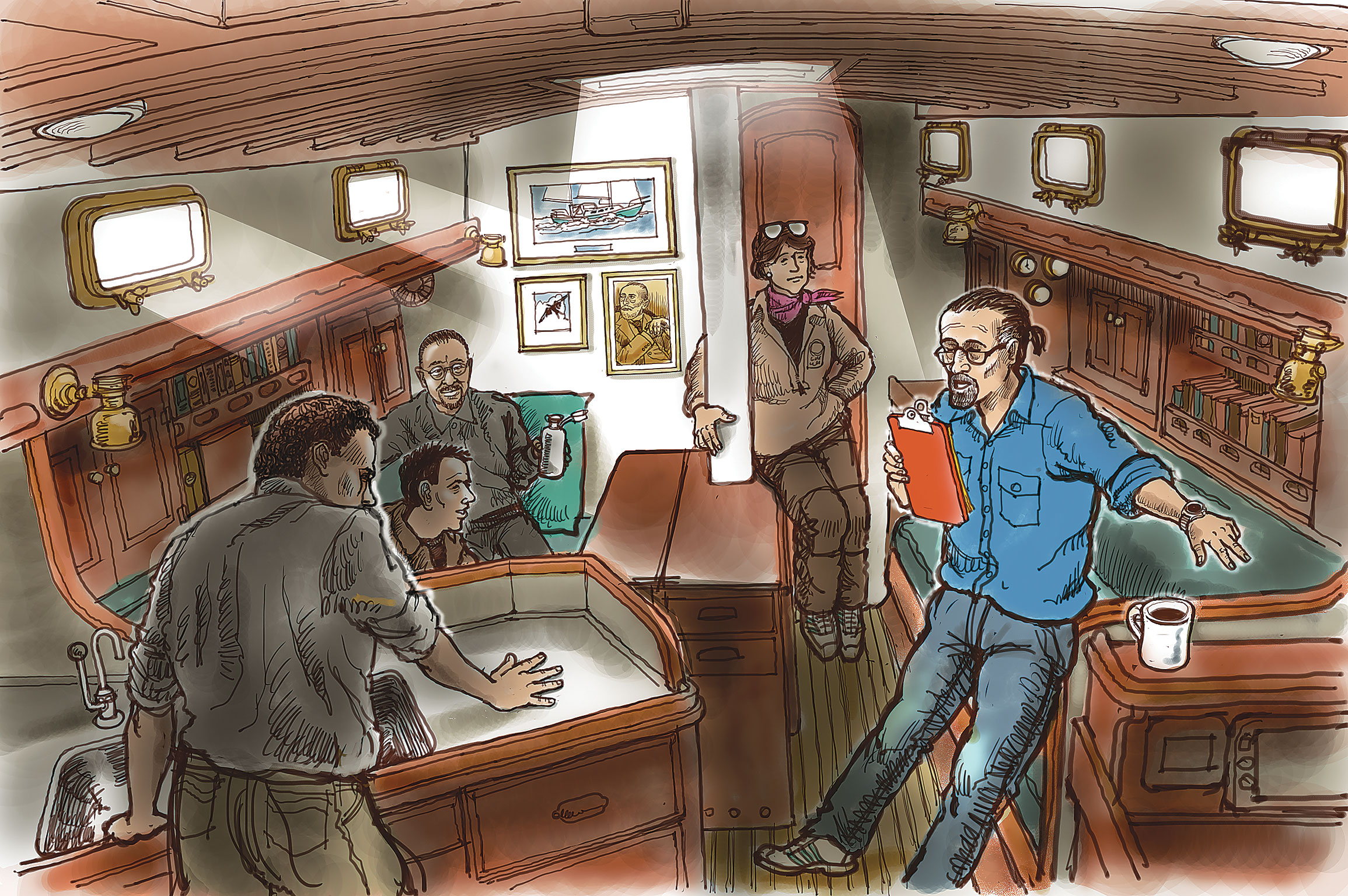 Boat crew meets below deck as skipper reviews clipboard in illustration.