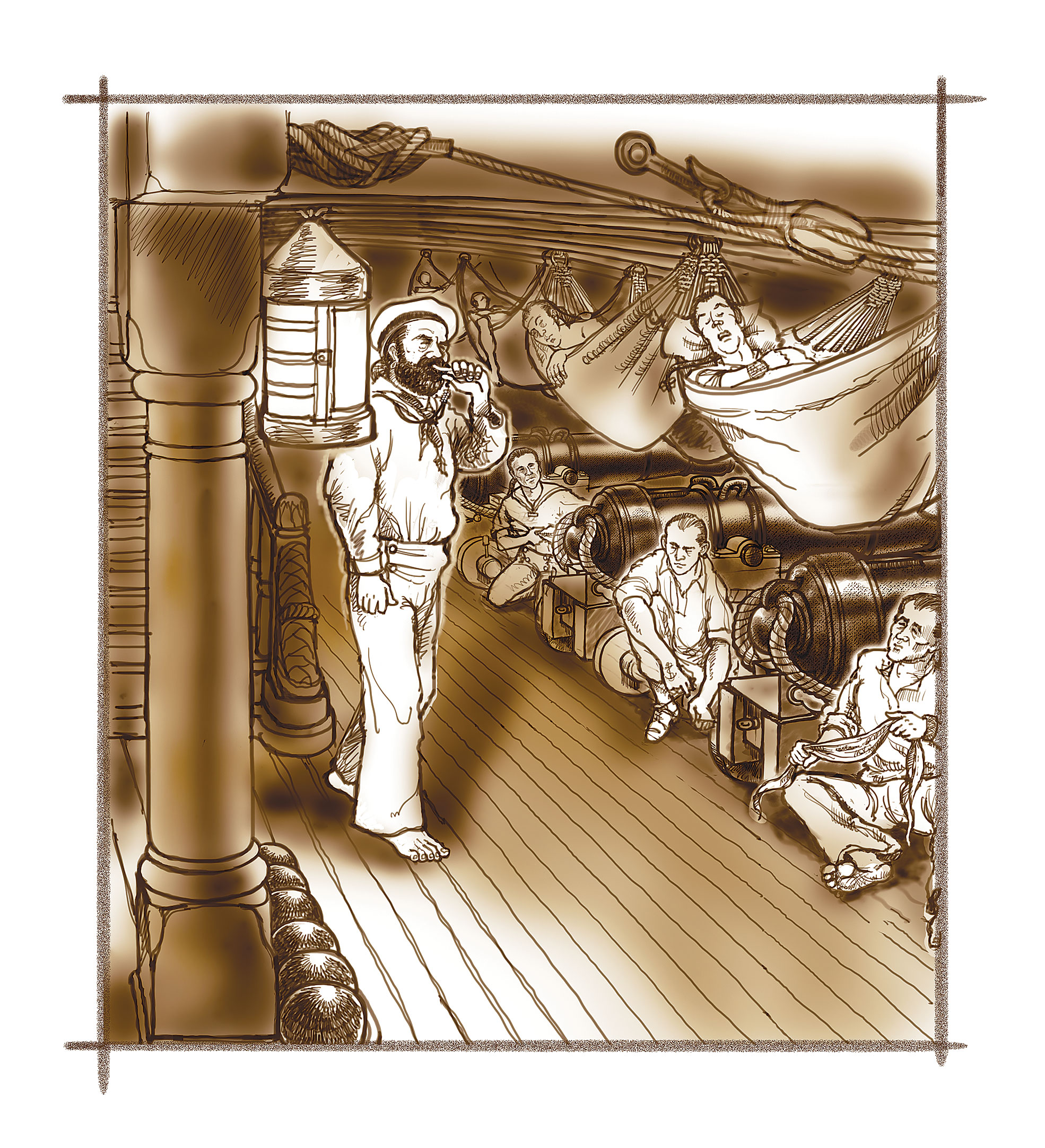 Sailor wakes up his crew below deck with a whistle in this illustration.