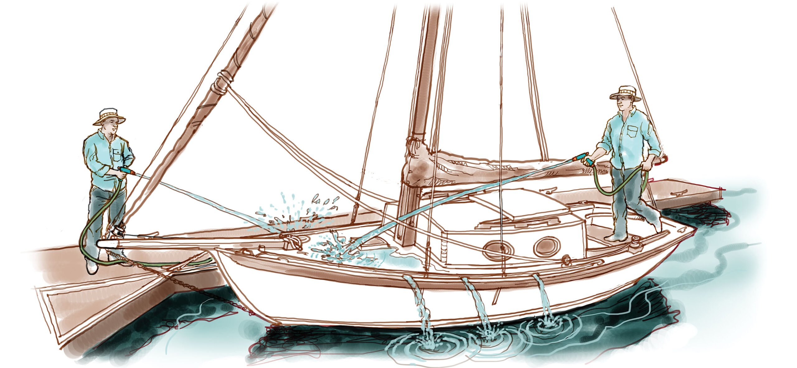 Two men use garden hoses to wash a small sailboat in an illustration.