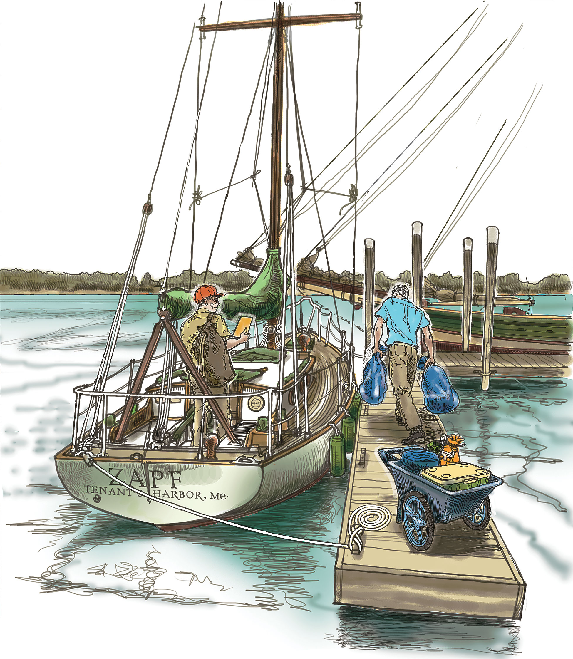 Two sailors prep a boat for the winter alongside a dock.