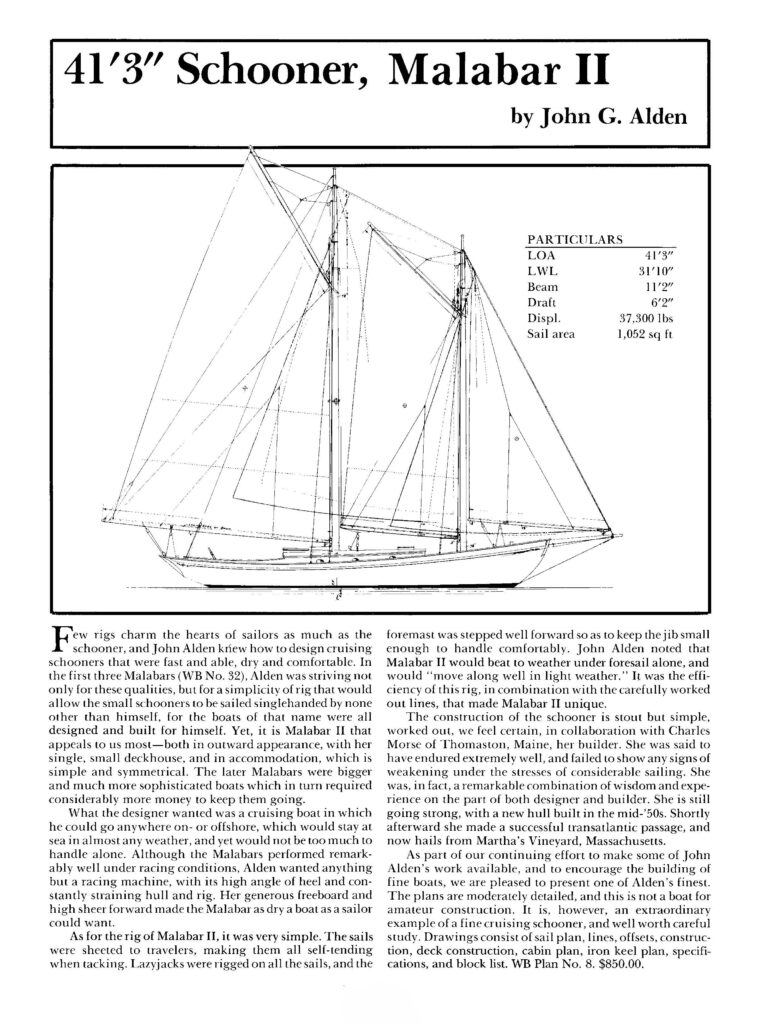 Malabar II schooner drawing, particulars, and description.