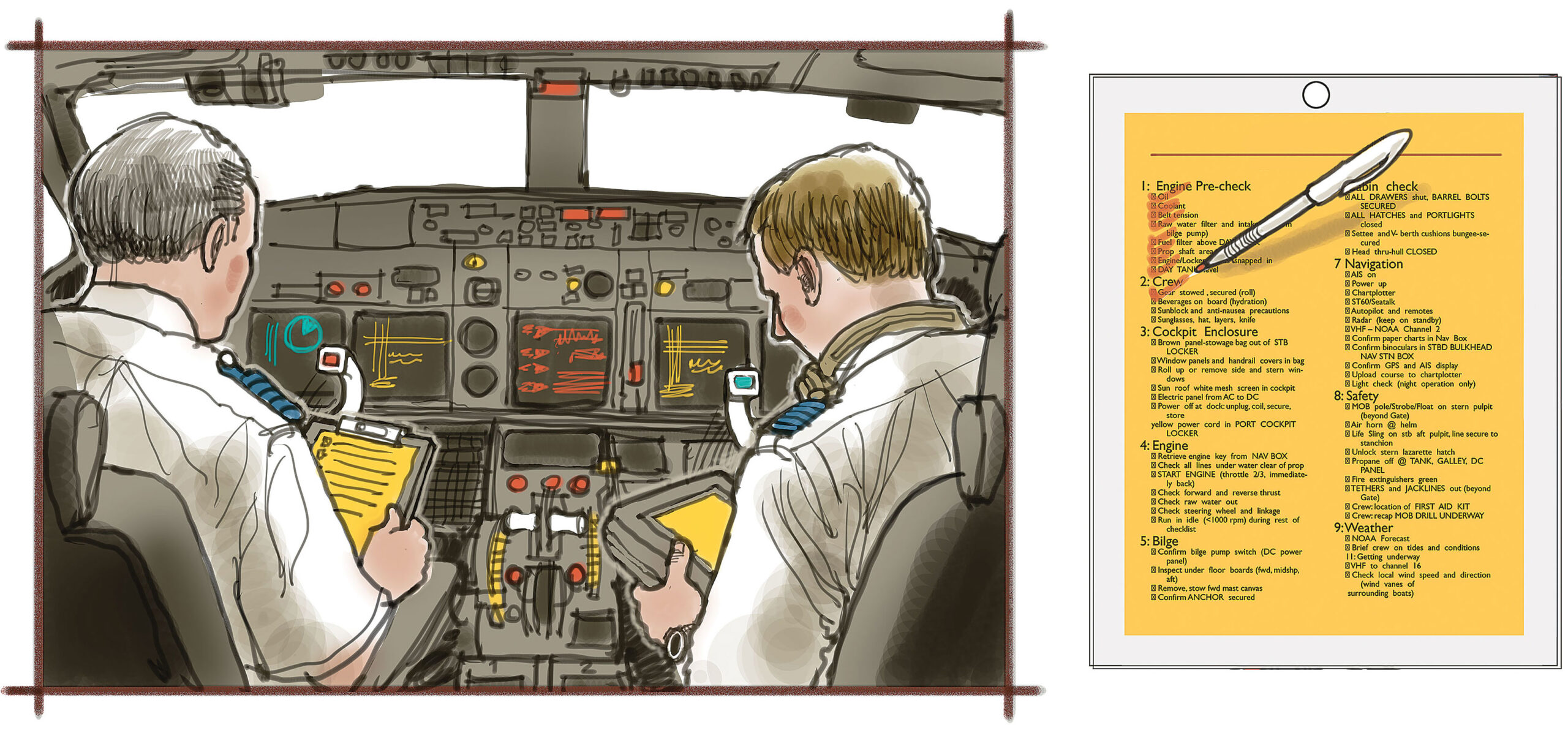 Pilot and co-piloted illustrated preparing for takeoff with a closeup of a checklist.